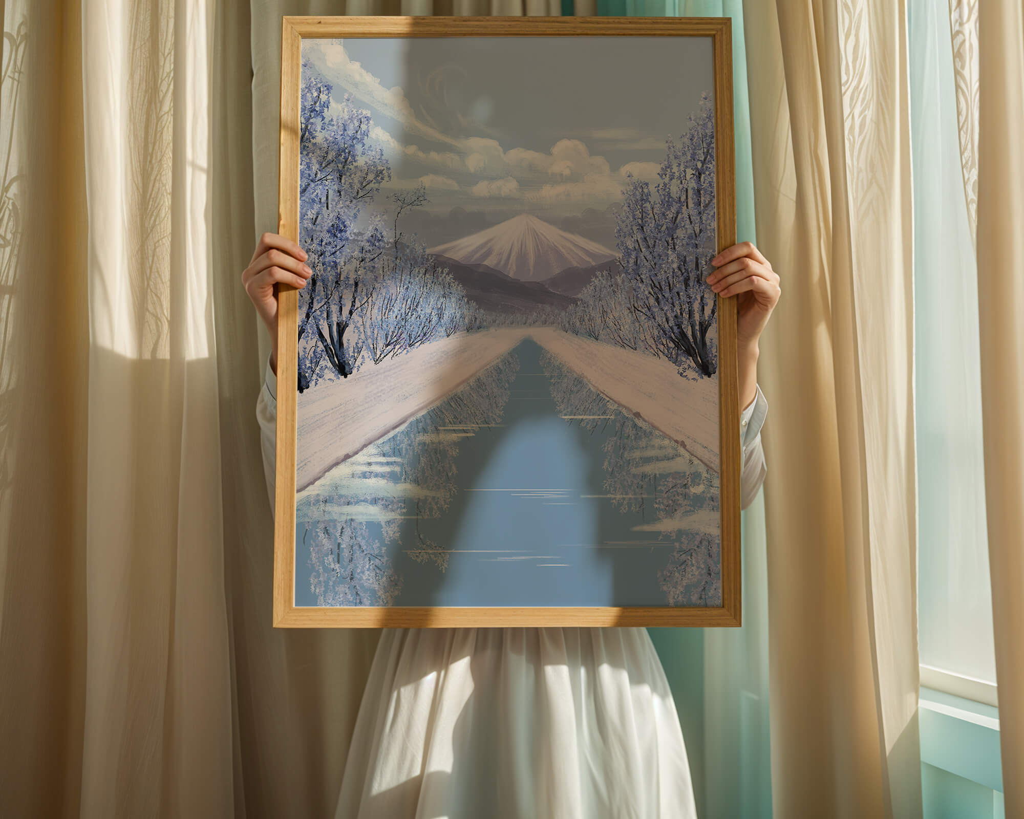 Serene winter landscape with mountain and snowy trees reflecting in water