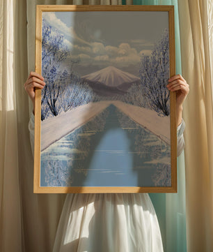 Serene winter landscape with mountain and snowy trees reflecting in water