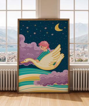 Child flying on a goose through a magical night sky illustration