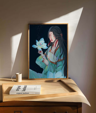 Elegant Woman Holding Glowing Lotus in Tranquil Nightscape