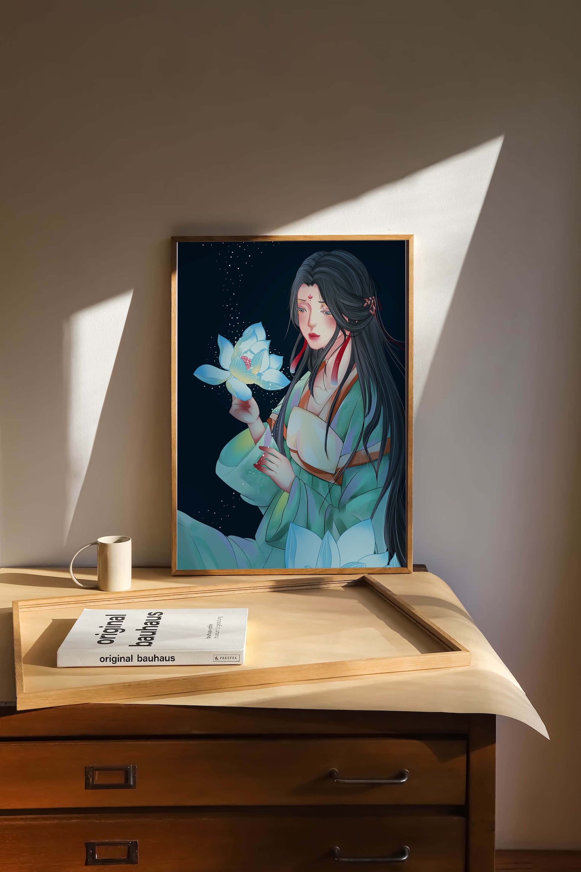 Elegant Woman Holding Glowing Lotus in Tranquil Nightscape