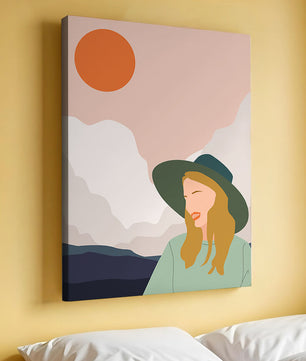 Abstrakte Illustration einer Frau mit Hut vor einer Kulisse aus Sonne und Bergen