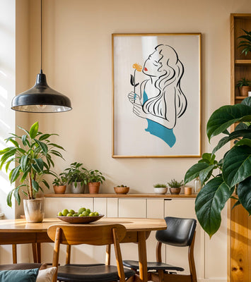 Stylized illustration of a woman with a flower and abstract elements