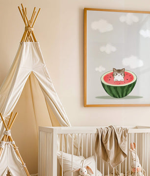 Whimsical art of a kitten in watermelon with clouds