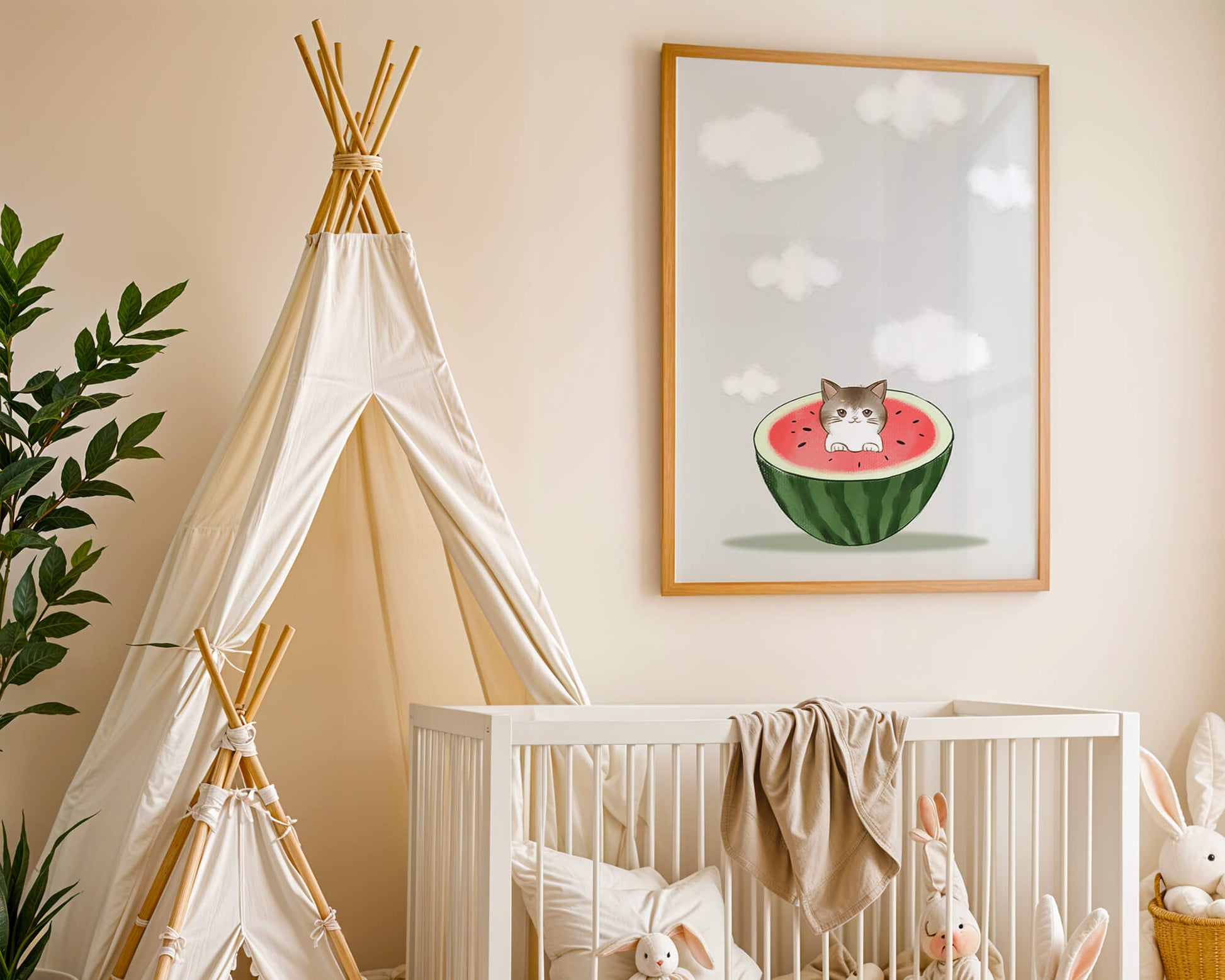 Whimsical art of a kitten in watermelon with clouds