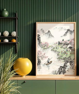 Idyllic Village Scene with Cherry Blossoms and a River