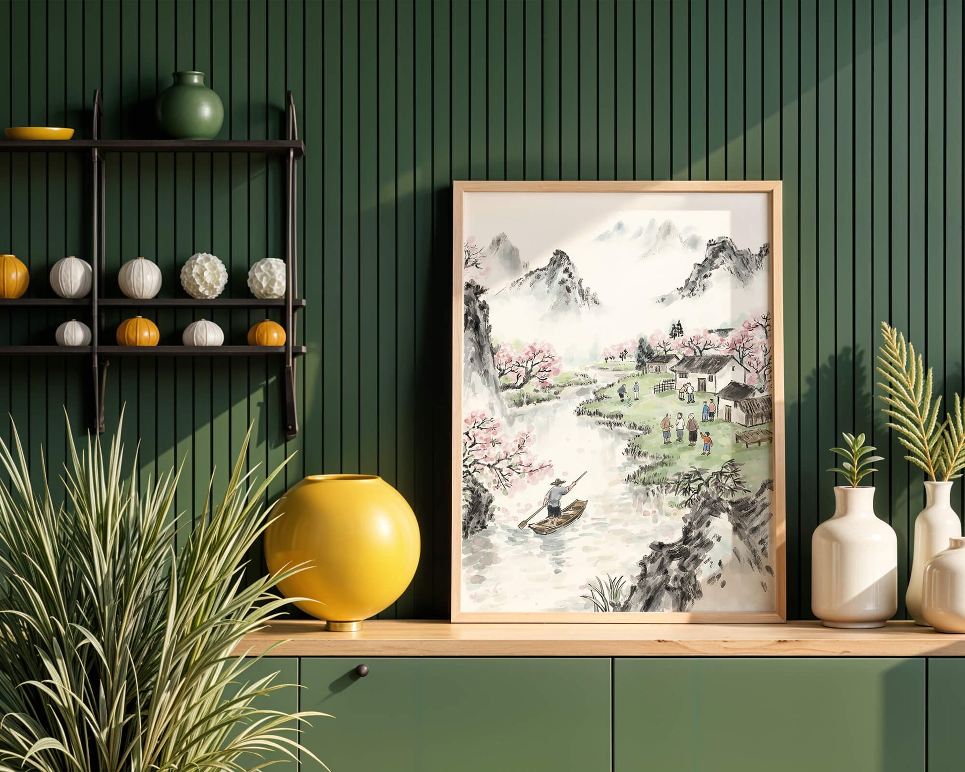 Idyllic Village Scene with Cherry Blossoms and a River