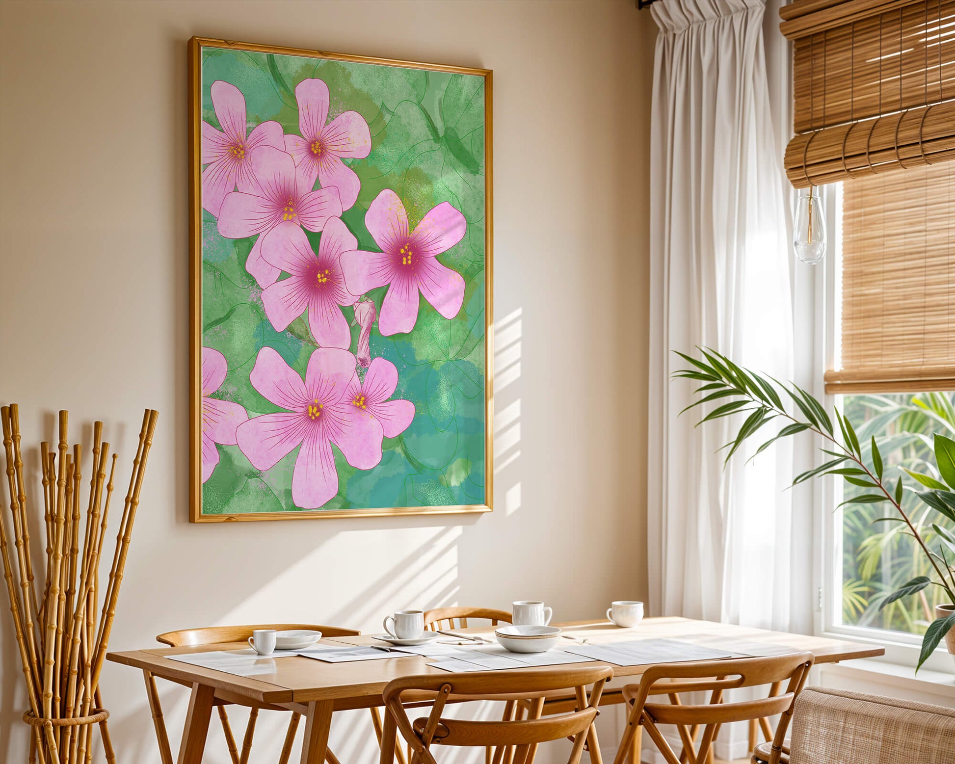 Zarte rosa Blüten auf einem leuchtend grünen Hintergrund Illustration