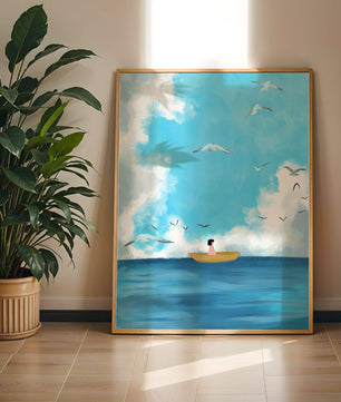 Peaceful seascape illustration with a boat and birds