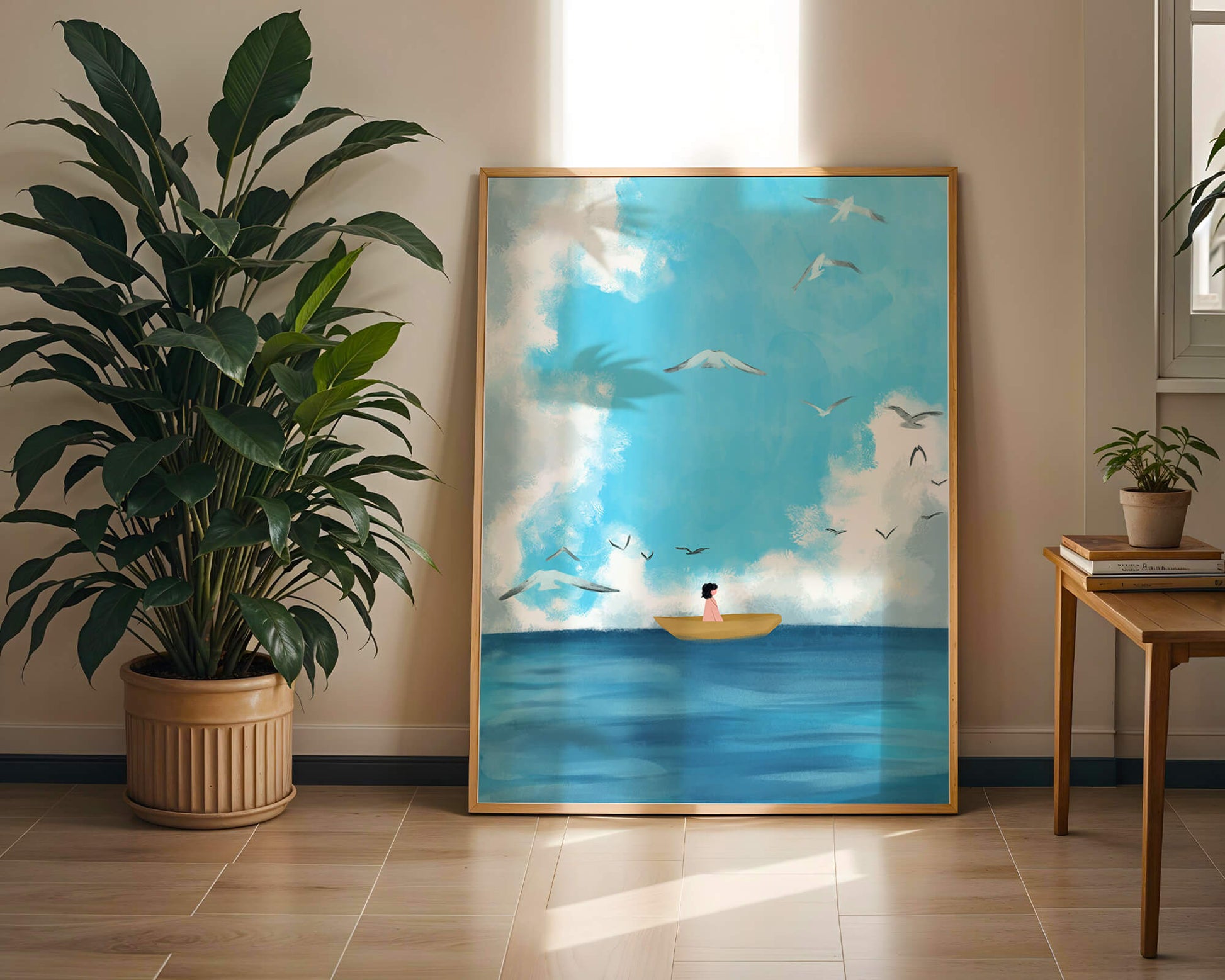 Peaceful seascape illustration with a boat and birds