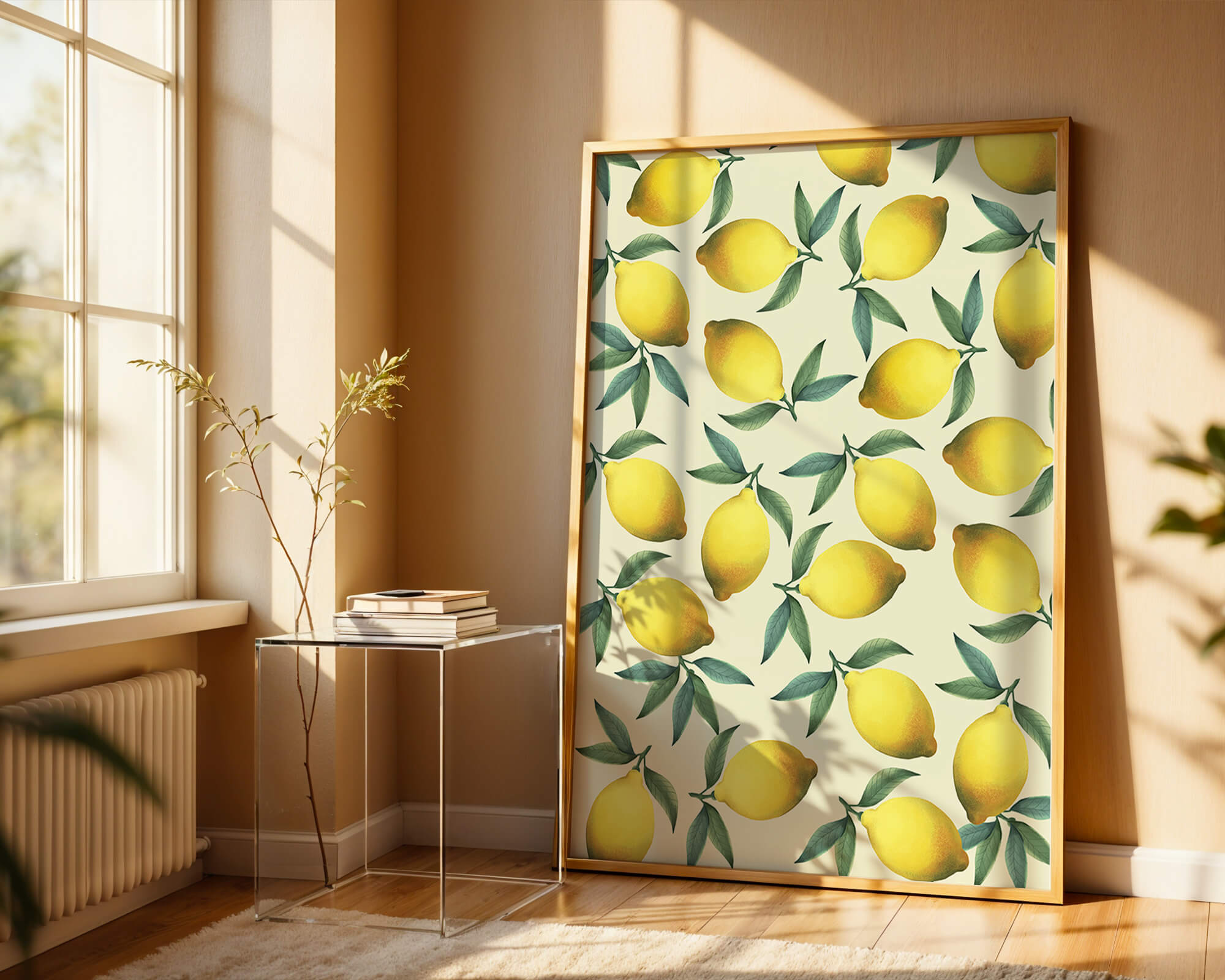 Vibrant lemon pattern with green leaves on a light background