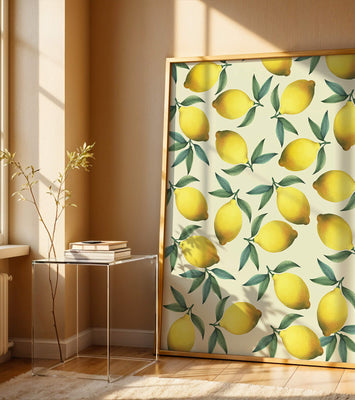 Vibrant lemon pattern with green leaves on a light background