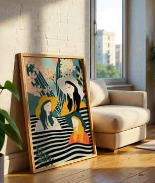 Illustration abstraite colorée de trois femmes avec des éléments floraux et botaniques
