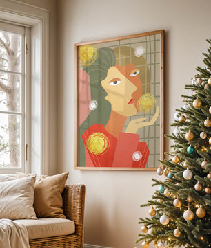 Abstract portrait artwork with geometric forms and gold accents