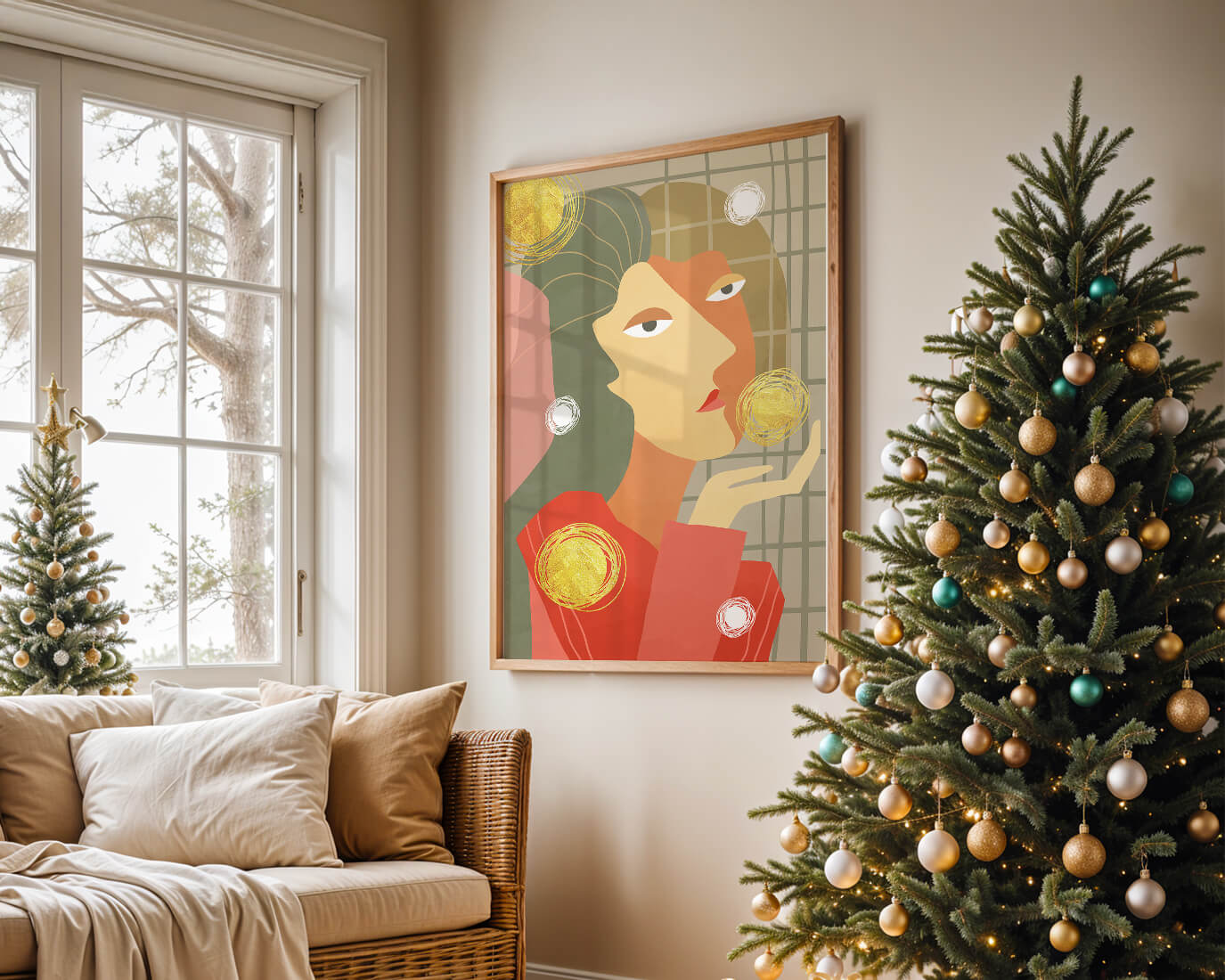 Abstract portrait artwork with geometric forms and gold accents