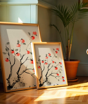 Elegant botanical illustration with vibrant red fruit on branches