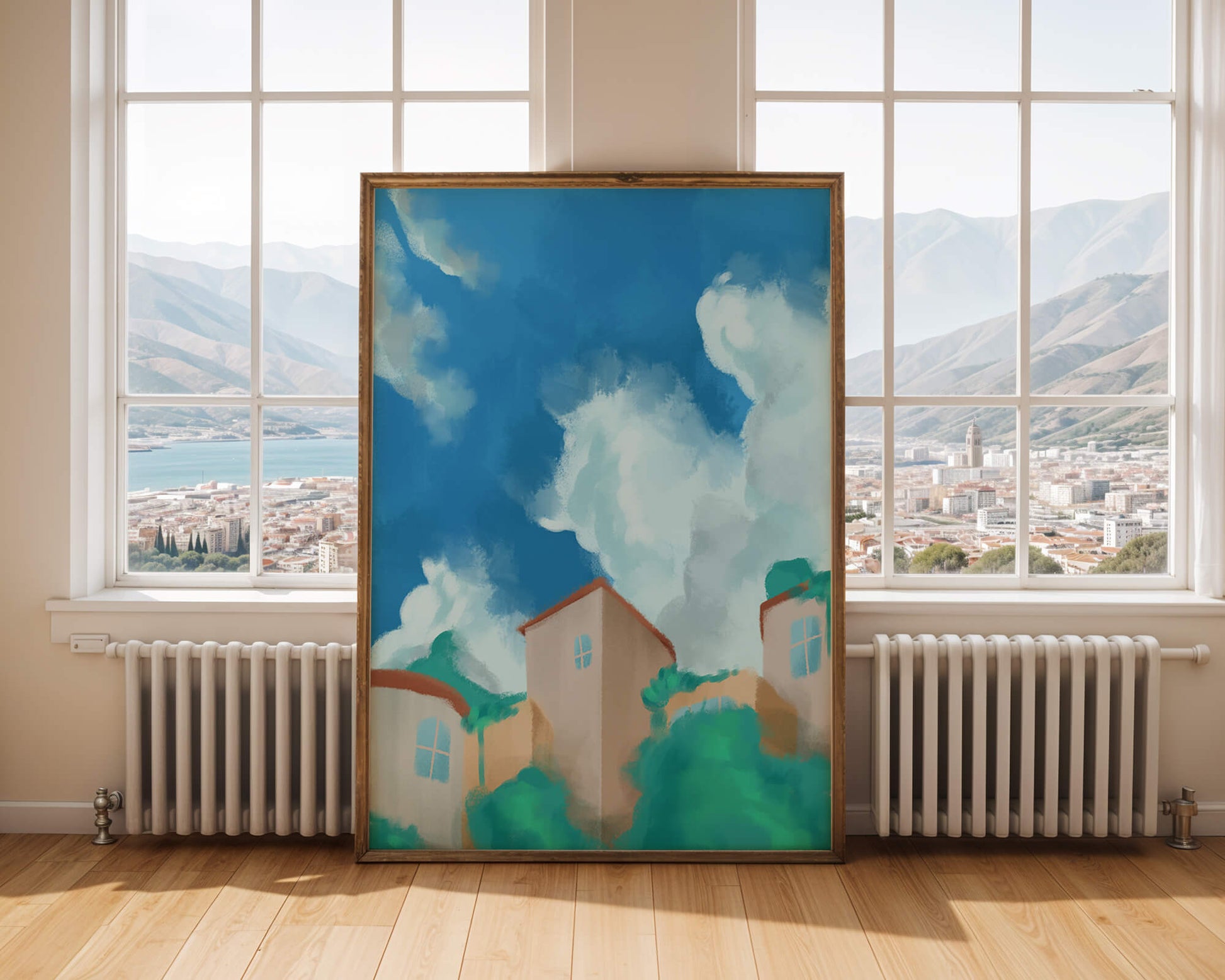 Serene landscape with houses and fluffy clouds against a blue sky