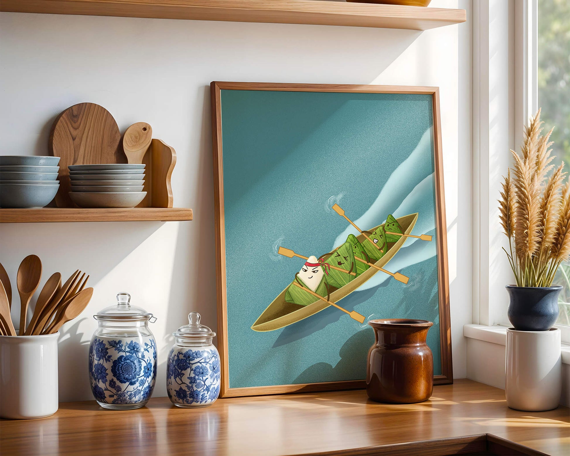 Charming illustration of rice dumplings rowing a boat with expressions