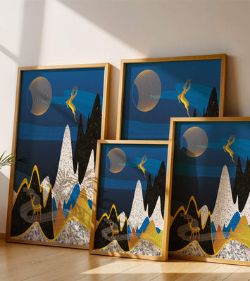 Abstract Landscape with Golden Deer and Surreal Moon