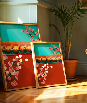 Arquitectura asiática tradicional con cerezos en flor