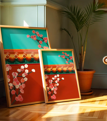 Traditional Asian architecture with cherry blossoms