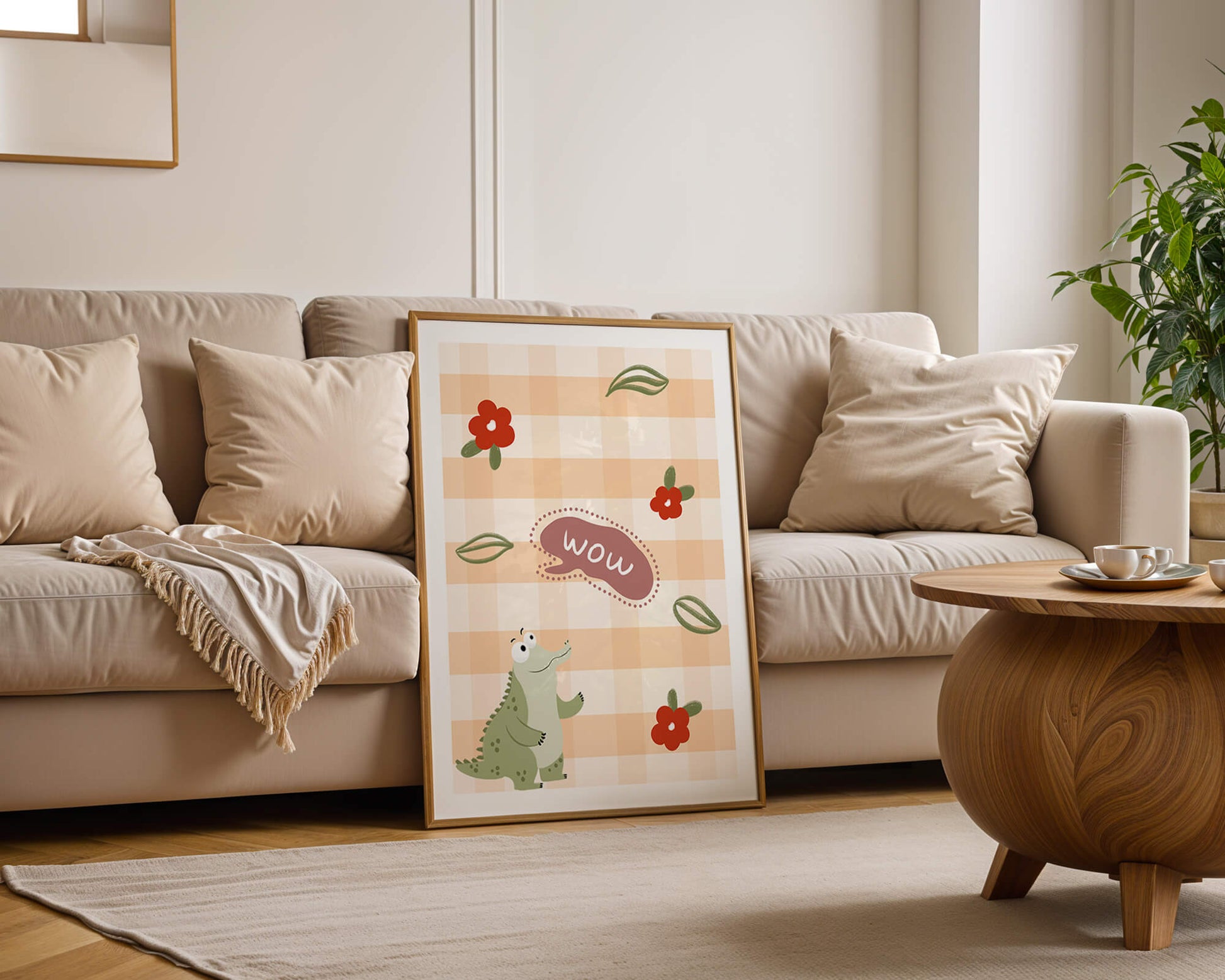 Playful Crocodile With Flowers And Speech Bubble On Checkered Background
