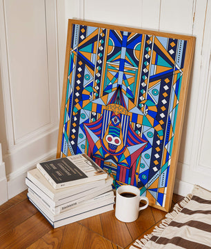 Arte tribal abstracto geométrico con patrones simétricos en azul y naranja