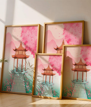 Traditioneller asiatischer Pavillon, umgeben von Kirschblüten