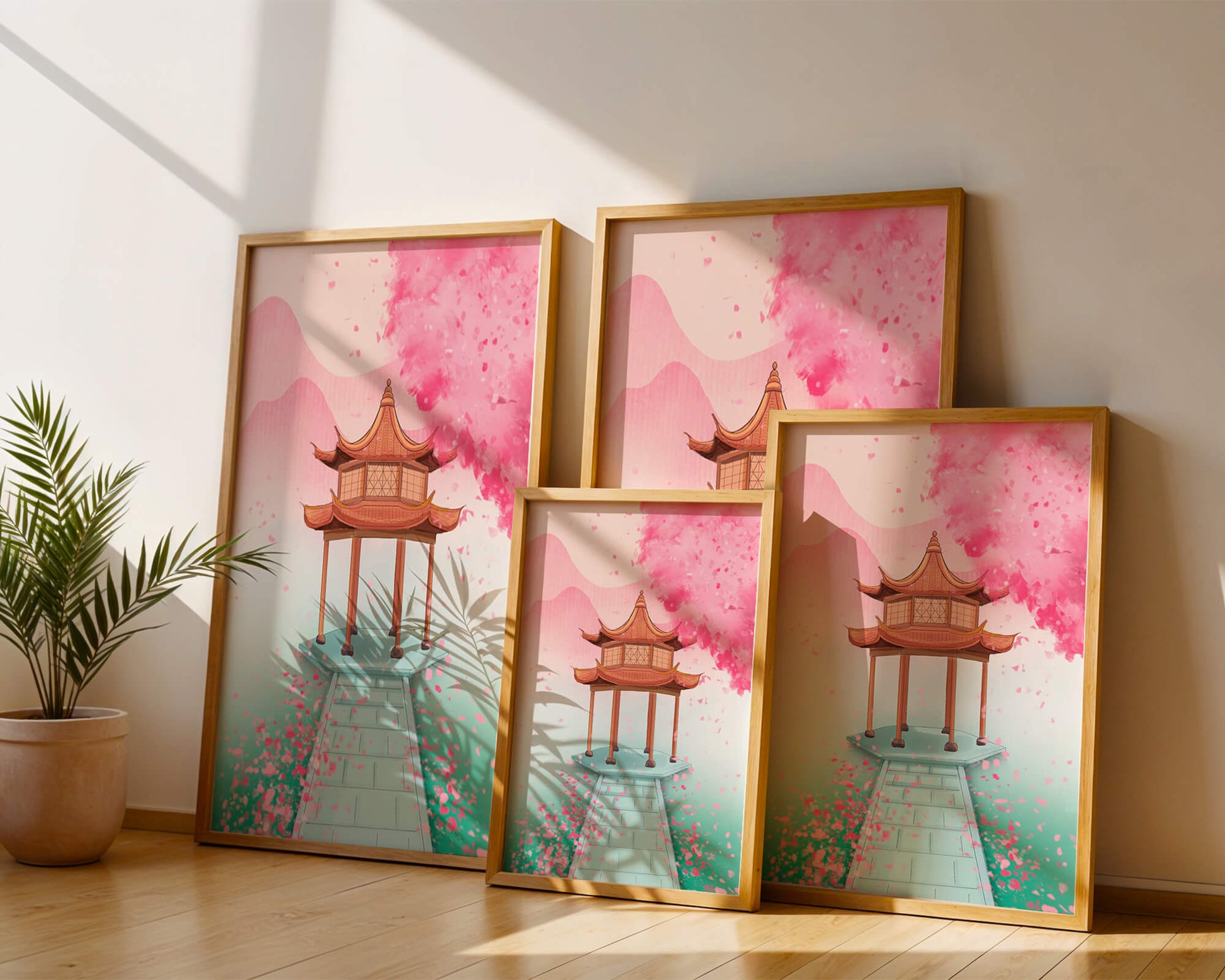 Traditional Asian gazebo surrounded by cherry blossoms