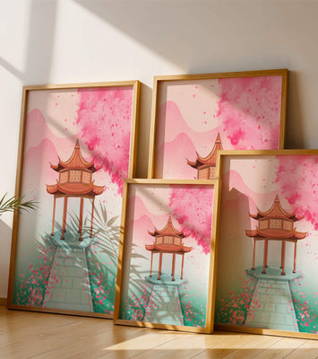 Traditional Asian gazebo surrounded by cherry blossoms