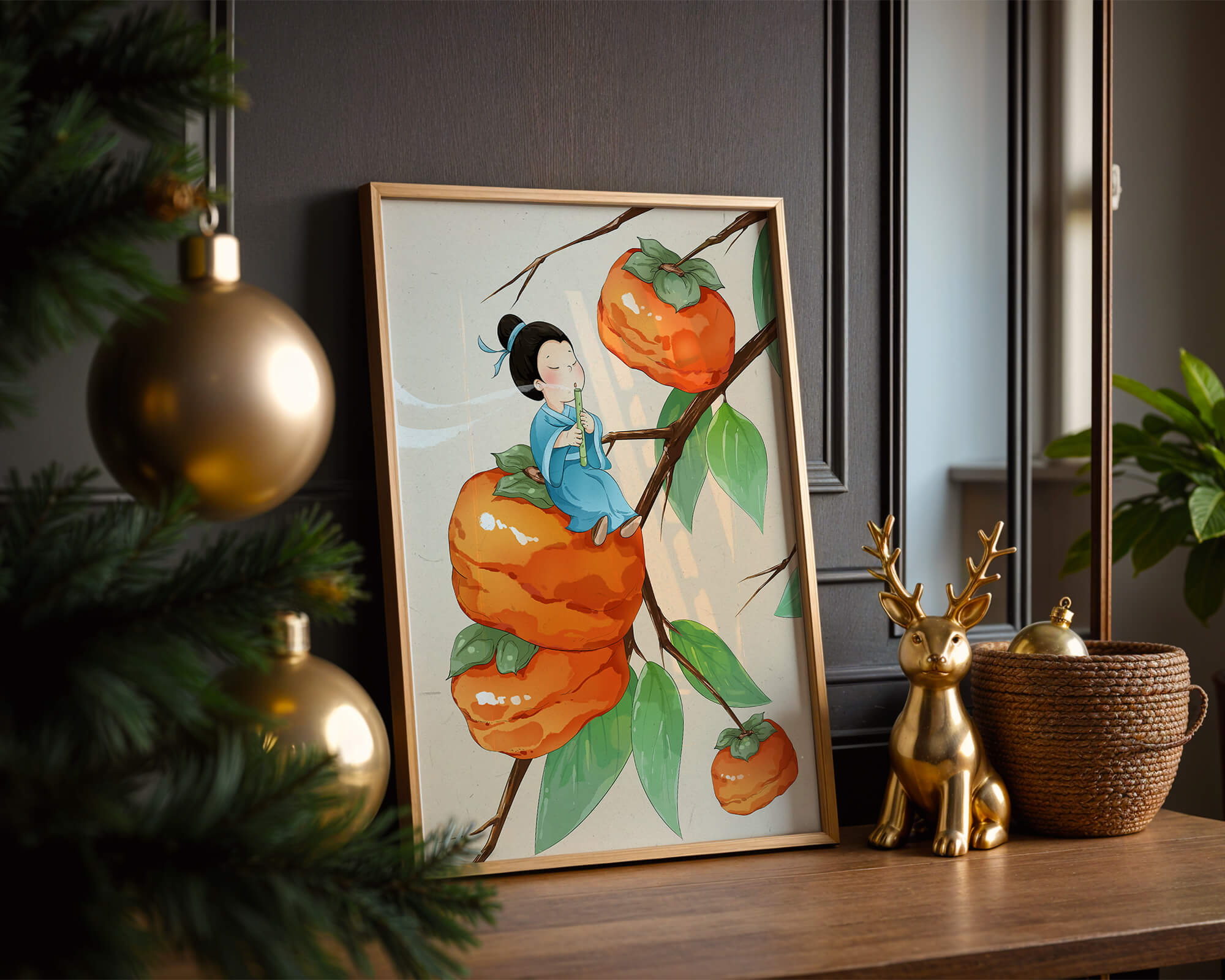 Child playing flute on persimmon-filled tree in whimsical illustration