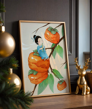 Child playing flute on persimmon-filled tree in whimsical illustration
