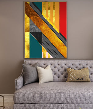 Abstract geometric design with gold accents and vibrant colors