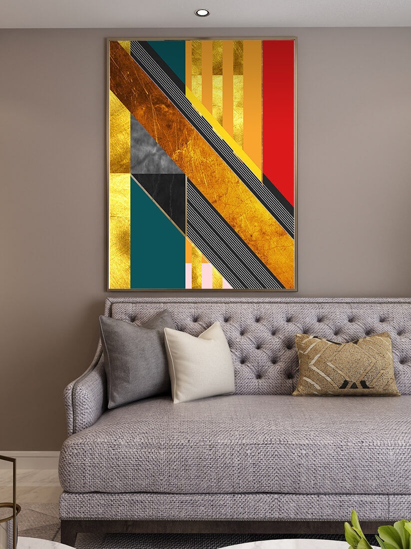 Abstract geometric design with gold accents and vibrant colors