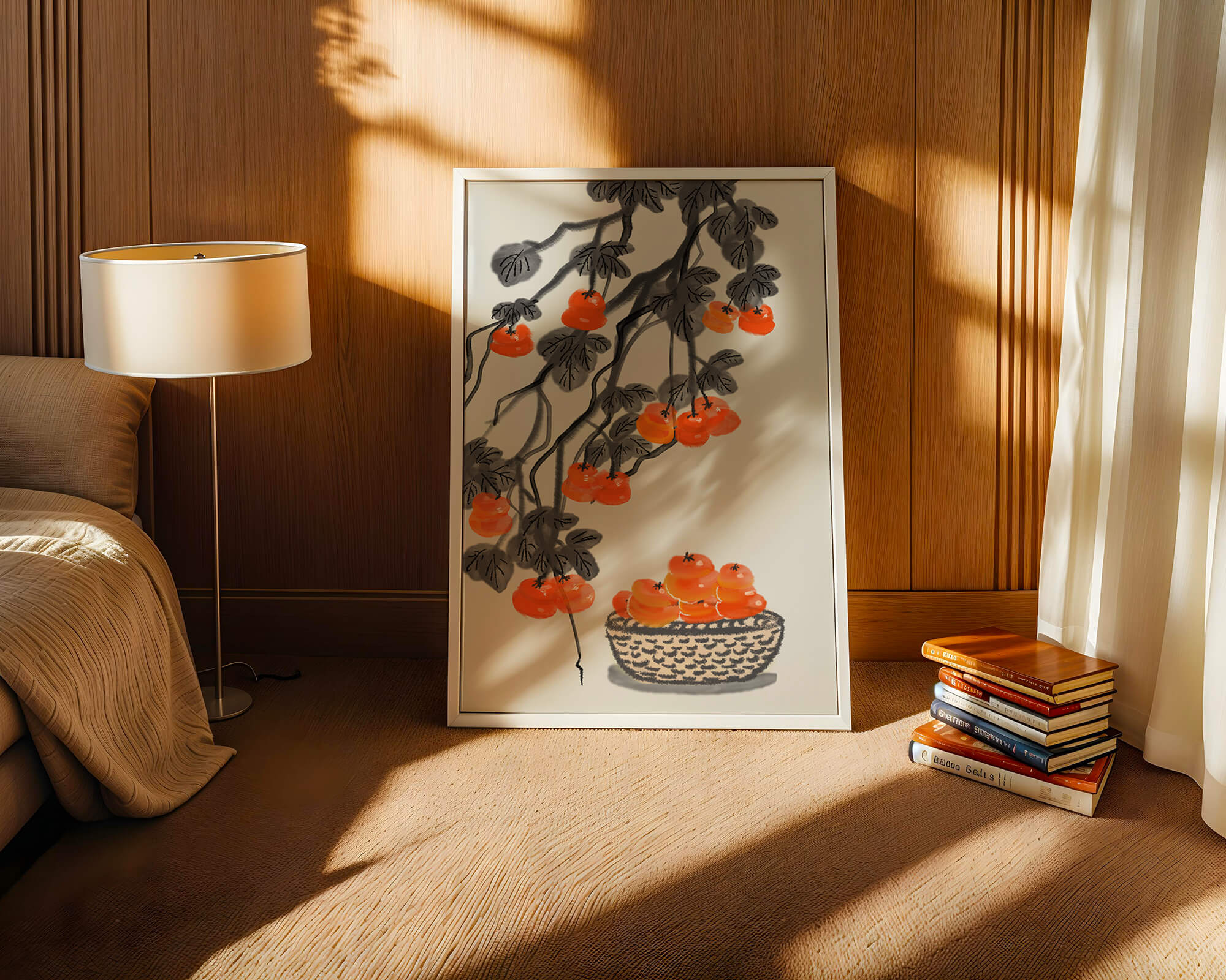 Artistic depiction of hanging persimmons with basket on watercolor canvas