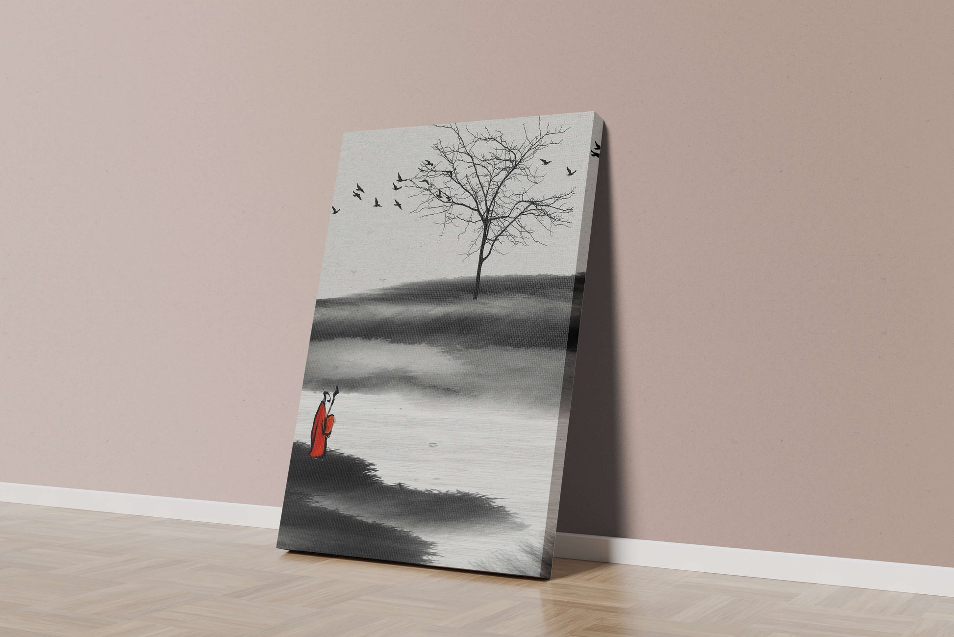Contemplative Monk with Birds and Bare Tree in Serene Landscape