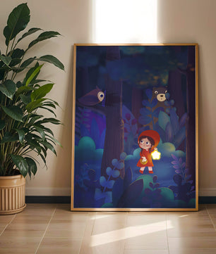 Little Girl in Red Hood Exploring Enchanted Forest at Night with Owl and Bear