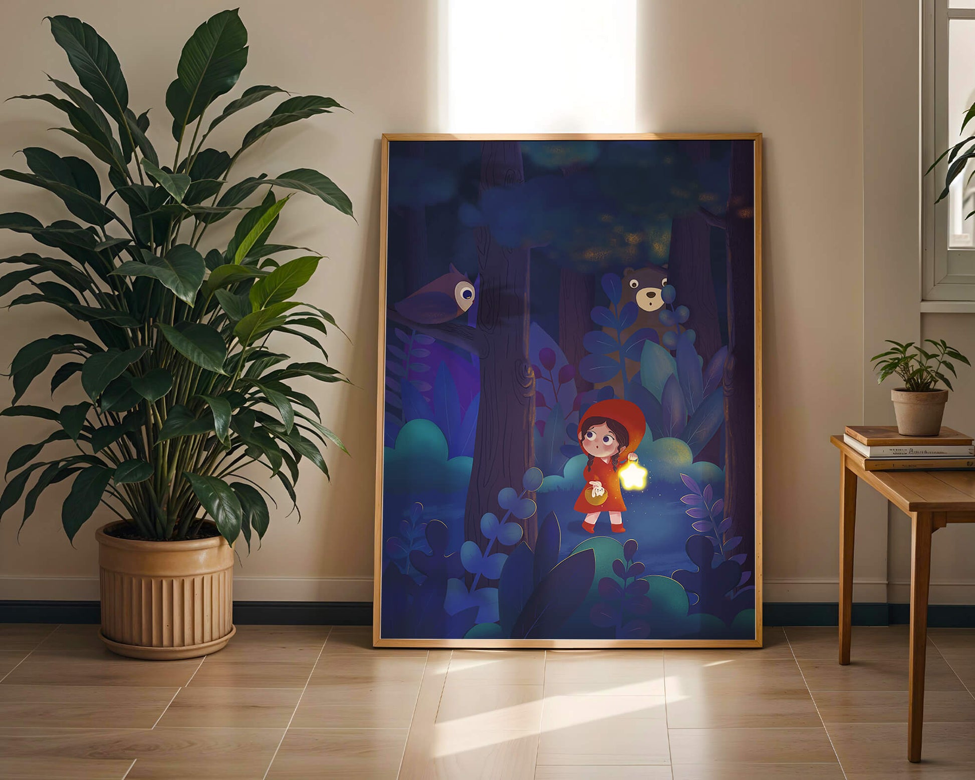 Little Girl in Red Hood Exploring Enchanted Forest at Night with Owl and Bear