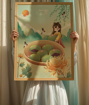 Charming Scene with Traditional Dress and Scenic Landscape Featuring Floral Elements and Birds