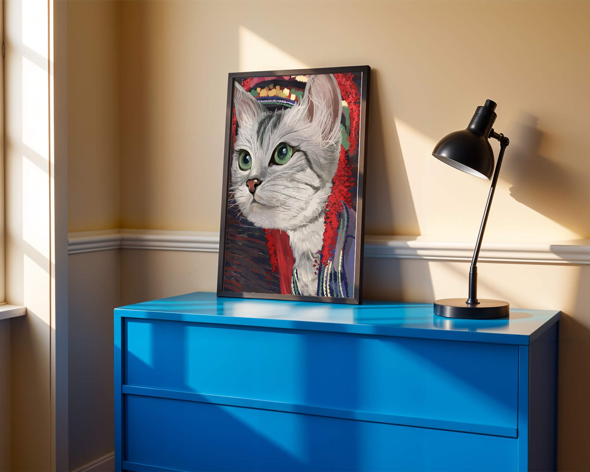 Illustrated cat portrait with colorful accents