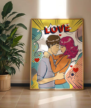 Ilustración de pop art romántico con pareja abrazándose y texto de amor
