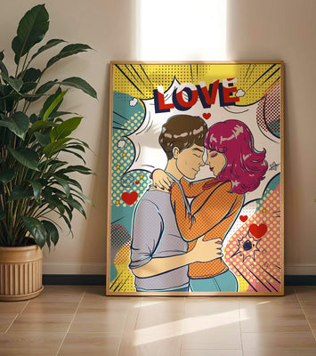 Romantic Pop Art Illustration with Embracing Couple and Love Text