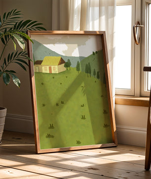 Charming countryside landscape with house and green hills