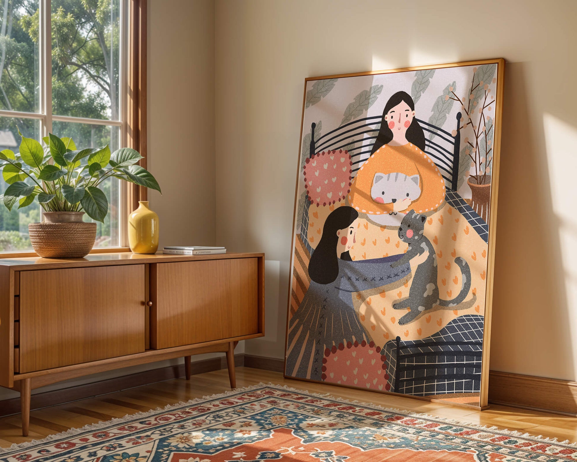 Escena interior acogedora con mujeres, gatos y elementos decorativos