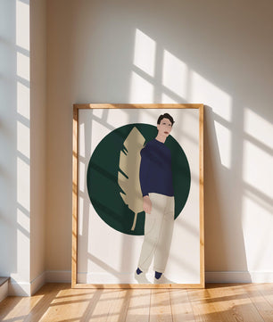 Illustration of a man standing with abstract leaf background