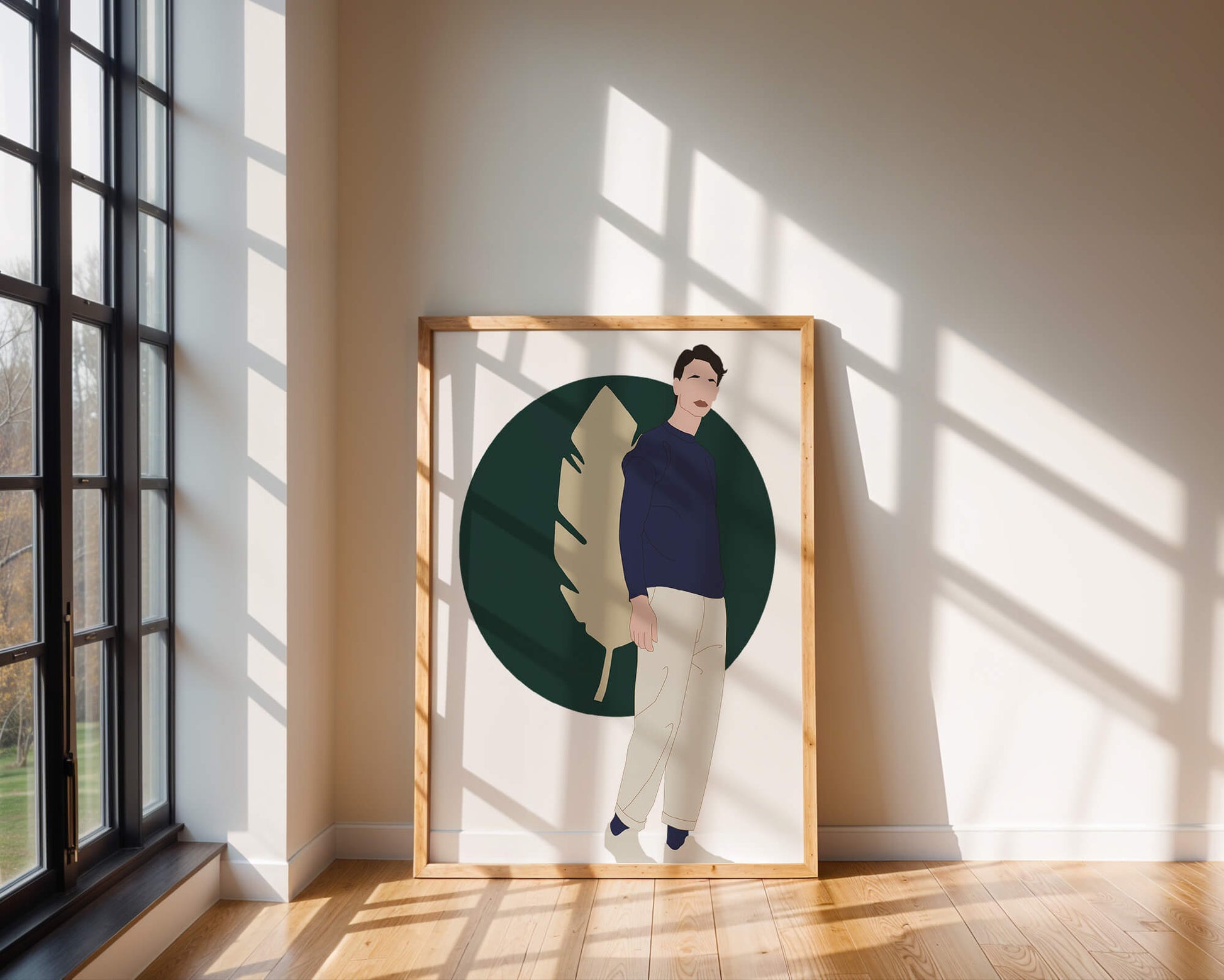 Illustration of a man standing with abstract leaf background