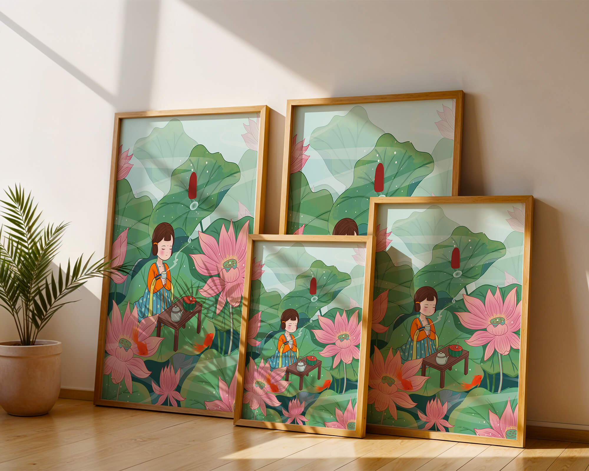 Serene illustration of a girl enjoying tea among lotus flowers
