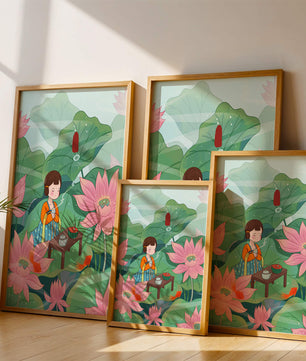 Serene illustration of a girl enjoying tea among lotus flowers