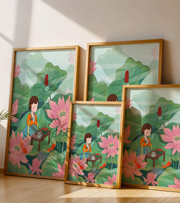 Serene illustration of a girl enjoying tea among lotus flowers
