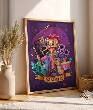 Illustration colorée sur le thème de la musique avec un personnage et des instruments